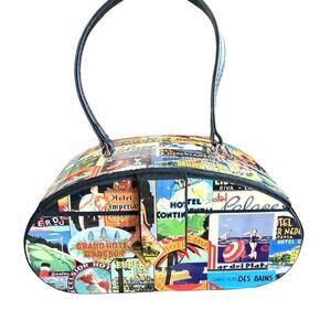 Prezzo Hard Shell Jewelrey Purse With Mirror Travel Postcards Design